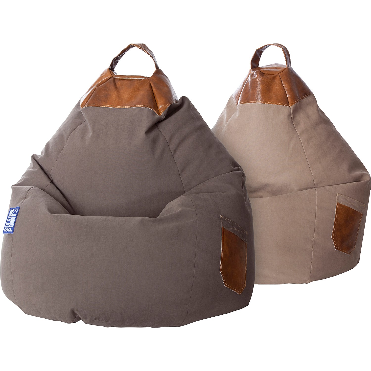 Zwei Sitting Point Sitzsäcke Jamie, 220 l, in Sand und Grau mit Tragegriff und Seitentasche.