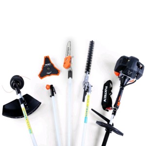 FUXTEC 5in1 Benzin Multitool Set: Motorsense, Freischneider, Hochentaster, Heckenschere, Verlängerung auf weißem Grund.