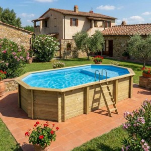 ALTANKA Holzpool Nemo 7,3x3,97 Höhe 1,45 m HELLBLAU mit Liegefläche mit am Beton Verschraubten Stützen BAS7305OSPL+PLA305