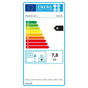 Energielabel für Panadero Aragon Holzkamin, 7 kW, Energieeffizienzklasse A.