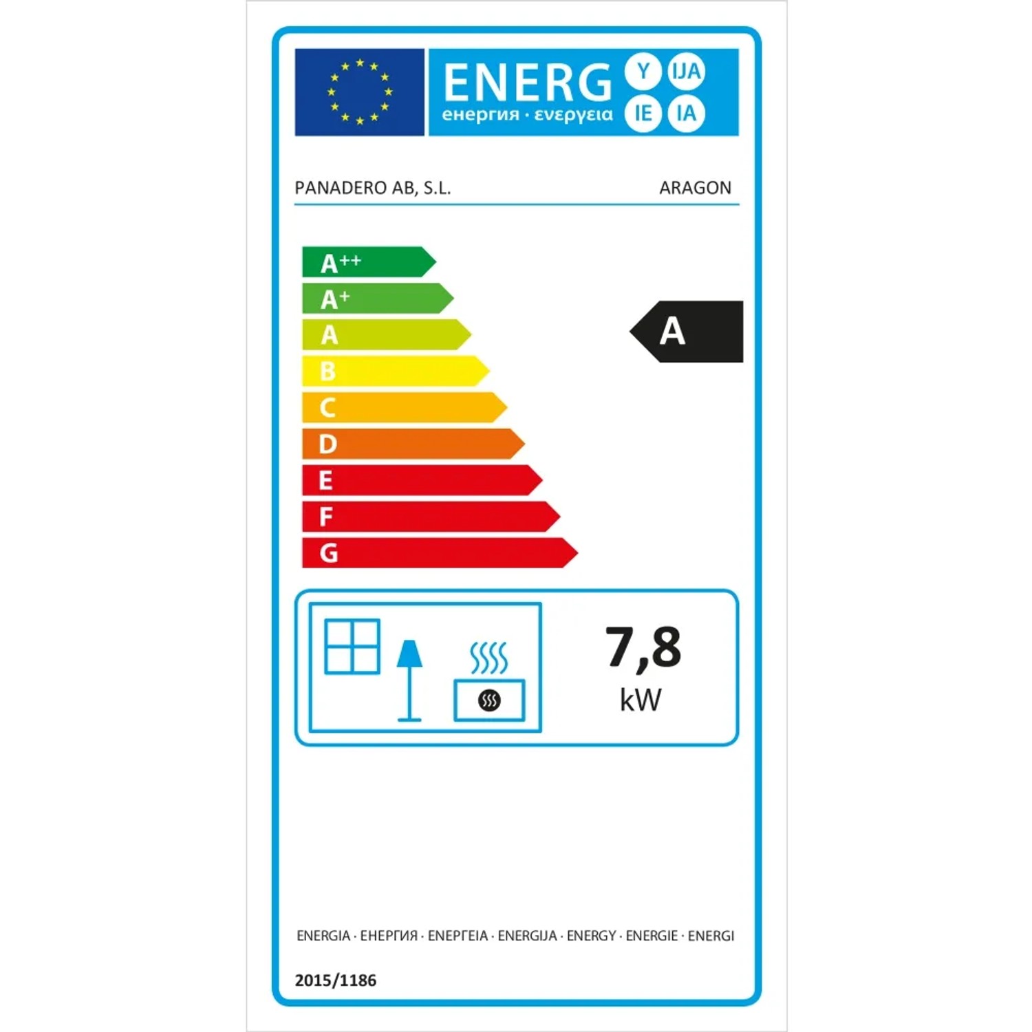 Energielabel für Panadero Aragon Holzkamin, 7 kW, Energieeffizienzklasse A.