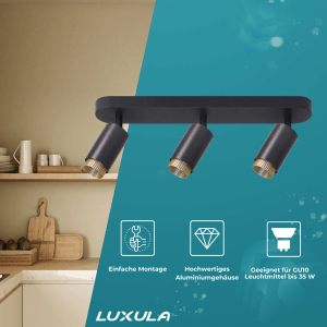 LUXULA LED Aufbauspot 3-Flammig GU10 Schwenkbar Design Deckenspot Deckenstrahler Akzentbeleuchtung Kontrast-Innenring Schwarz Gold