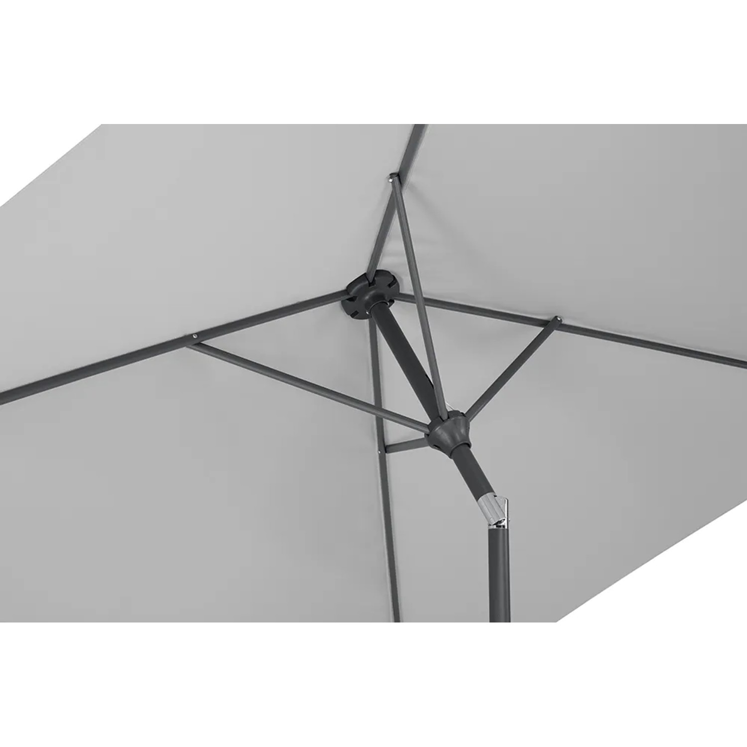Detailaufnahme des Schneider Marktschirms, 210x130 cm, silbergrau, mit Kurbelmechanik.