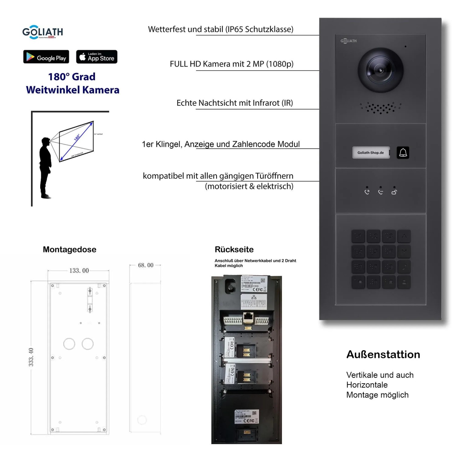 Goliath IP Video Türsprechanlage mit Kamera, Zahlencode und RFID in Anthrazit.