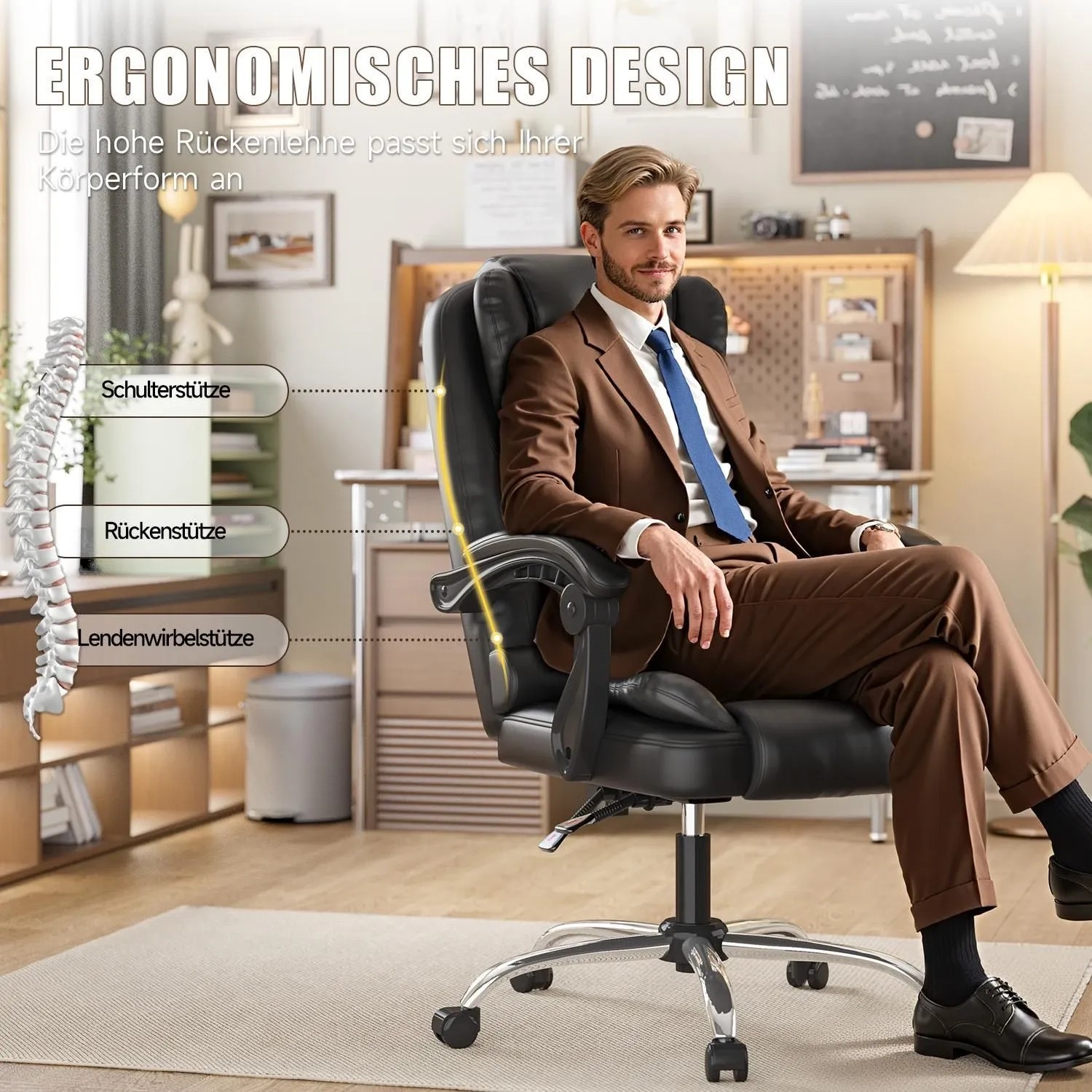 Schwarzer, ergonomischer Rattantree Bürostuhl mit hoher Rückenlehne und Liegefunktion.