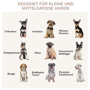 Geeignete Hunderassen für den Pawhut Tierkäfig: Chihuahua, Yorkshire, Mops, Beagle und mehr.