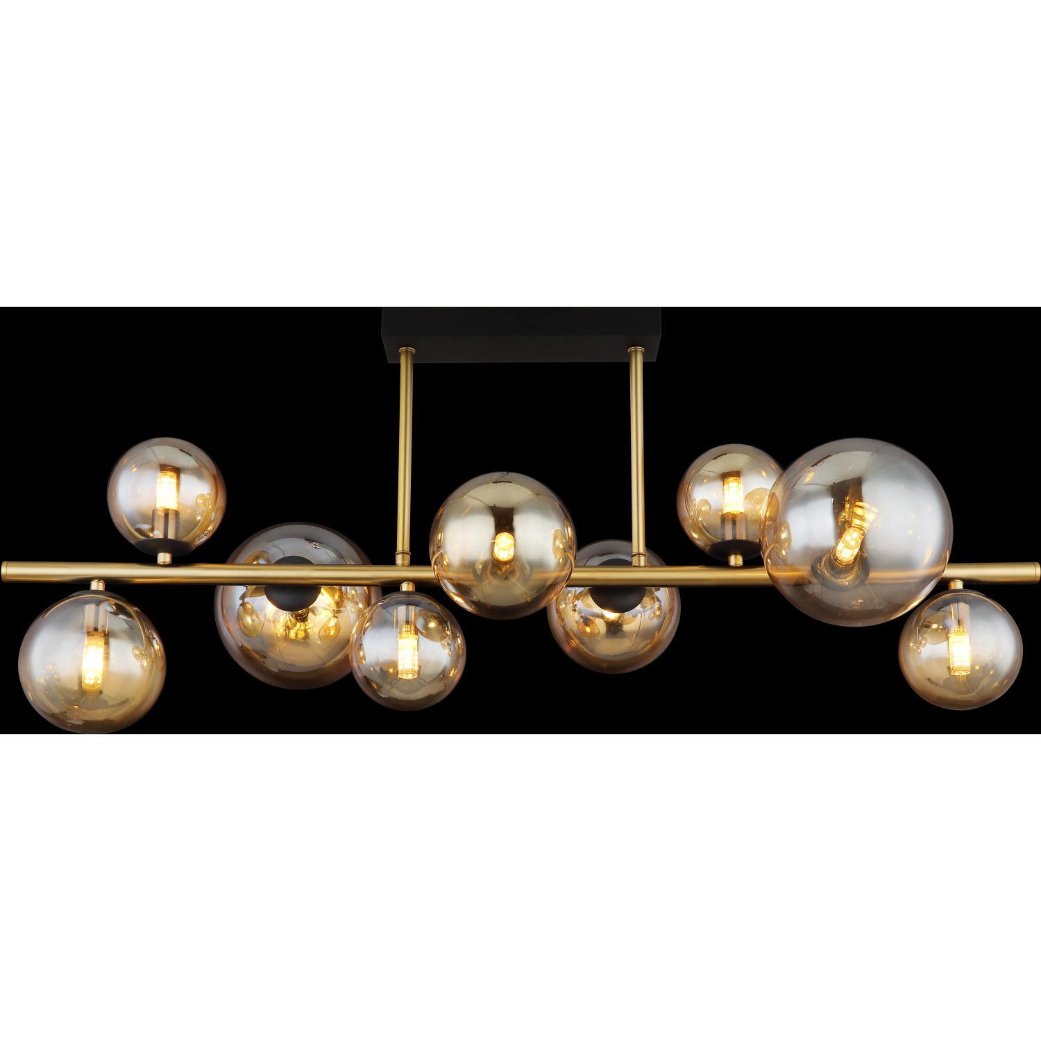 Moderne, 9-flammige LED-Deckenleuchte Riha in Schwarz matt mit amberfarbenen Glaskugeln.