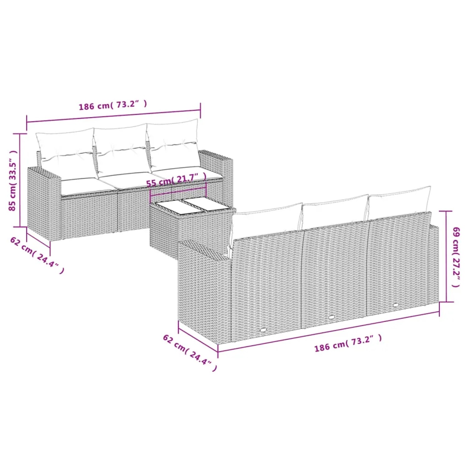 Braune 7-tlg. vidaXL Garten-Sofagarnitur aus Poly Rattan mit Kissen und Maßen.