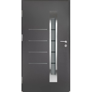 Moderne anthrazitfarbene Splendoor Thermospace Haustür Berlin Prime mit Edelstahlapplikation und Glaseinsatz.