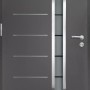 Moderne anthrazitfarbene Splendoor Thermospace Haustür Berlin Prime mit Edelstahlapplikation und Glaseinsatz.