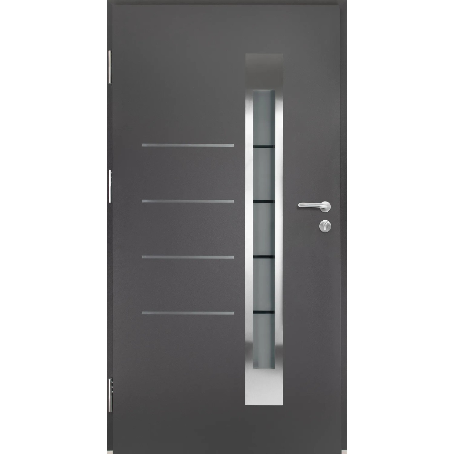 Moderne anthrazitfarbene Splendoor Thermospace Haustür Berlin Prime mit Edelstahlapplikation und Glaseinsatz.