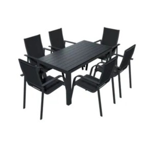 Schwarze 7-teilige Gartensitzgruppe Lex Alu mit Tisch und 6 Stühlen.