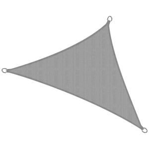 Dreieckiges, graues Sol Royal Sonnensegel SolVision HS9 aus HDPE mit Edelstahlringen.