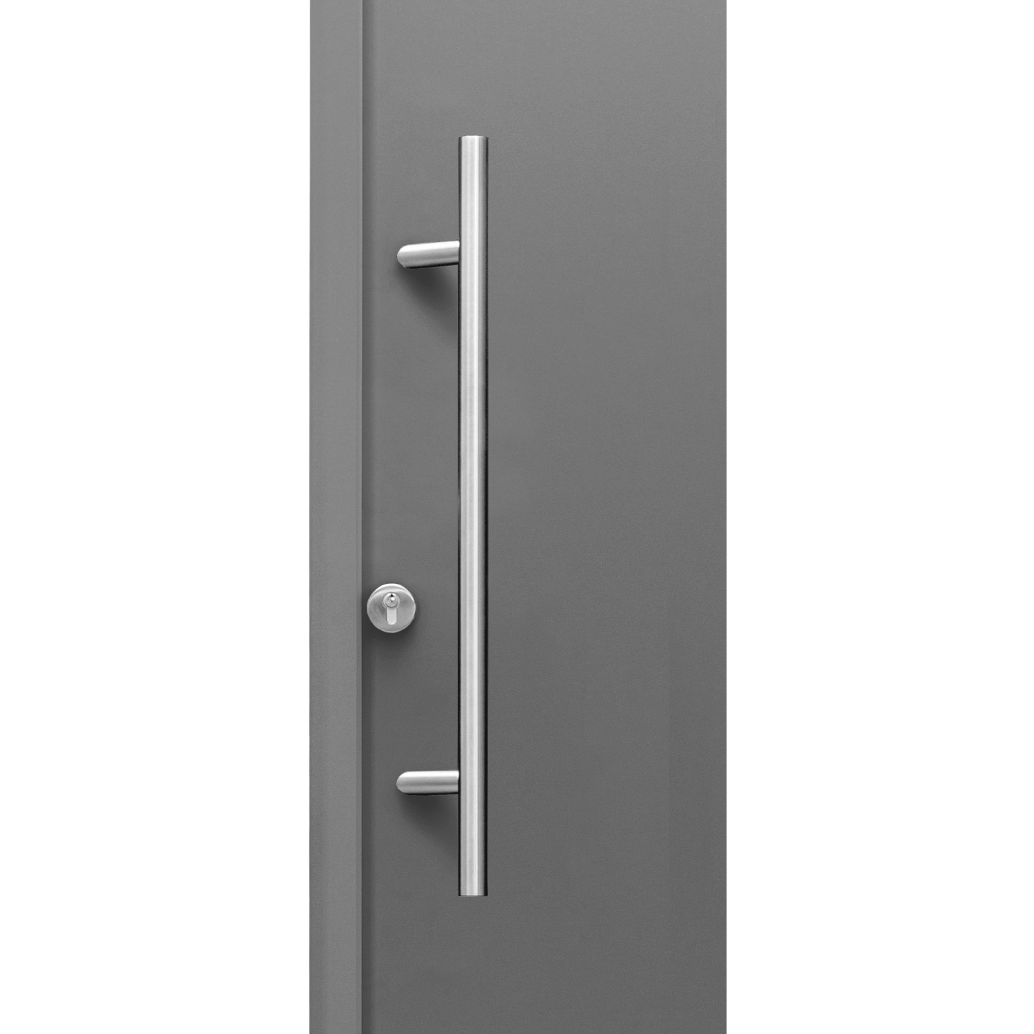 Anthrazitfarbene Haustür ThermoSpace Palermo mit Edelstahlgriff und Schloss, Anschlag links.