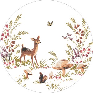 Runde, selbstklebende Tapete mit Hirsch-, Pilz- und Pflanzenmotiven in Grün- und Brauntönen.