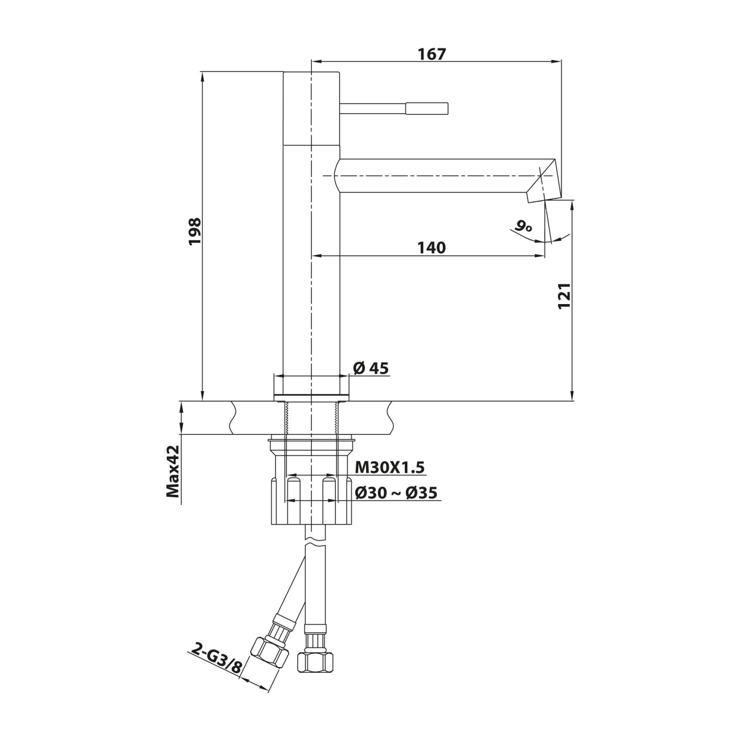 Technische Zeichnung einer Schöner Wohnen Kadia Waschtischarmatur in Chrom mit Maßangaben.