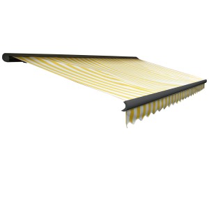 MCW Kassettenmarkise 4x3m, gelb-weiß gestreift mit Volant und anthrazitfarbenem Rahmen.