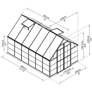 Technische Zeichnung: Palram Canopia Balance 8x12 Gewächshaus, Maße und Details.