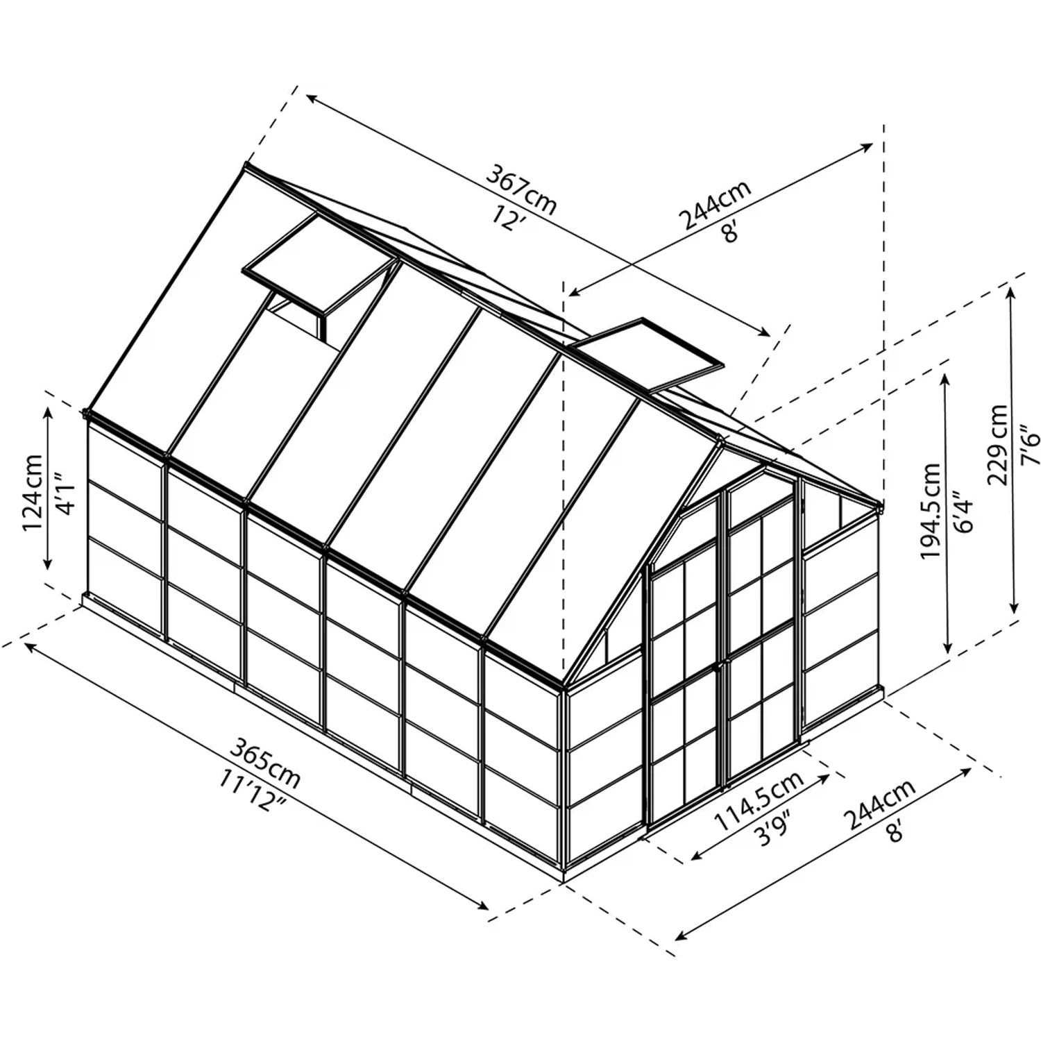 Technische Zeichnung: Palram Canopia Balance 8x12 Gewächshaus, Maße und Details.