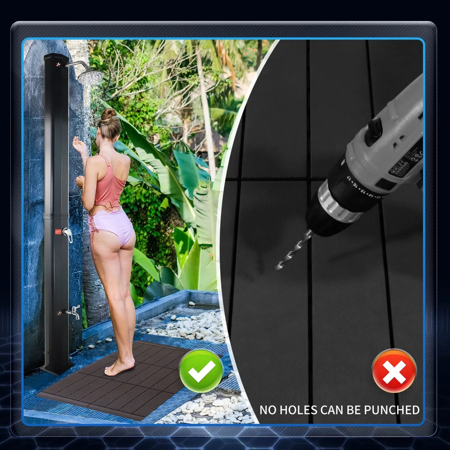 CCLIFE Solardusche 60L mit Handbrause und Bodenplatte im Garten. UV-beständiges PVC, einfache Montage.