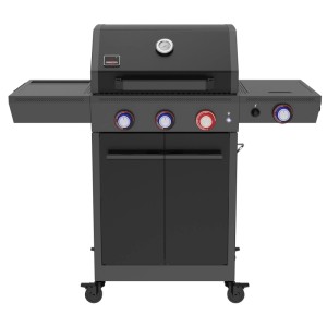 Schwarzer El Fuego Gasgrill Key West mit 3+1 Brennern, Seitenbrenner und LED-beleuchteten Reglern.