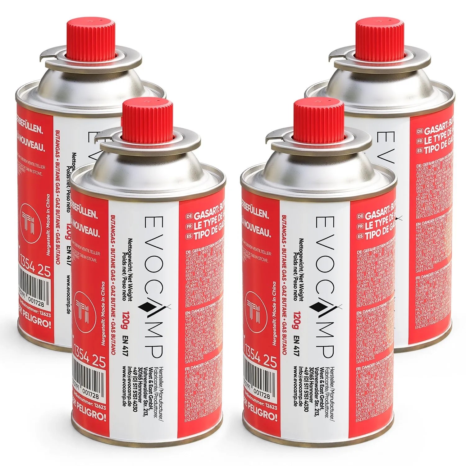 Evocamp Gaskartusche 4x 120g Butangas Kartusche für Campingkocher und Gasbrenner mit Selbstdichtendem Bajonettventil