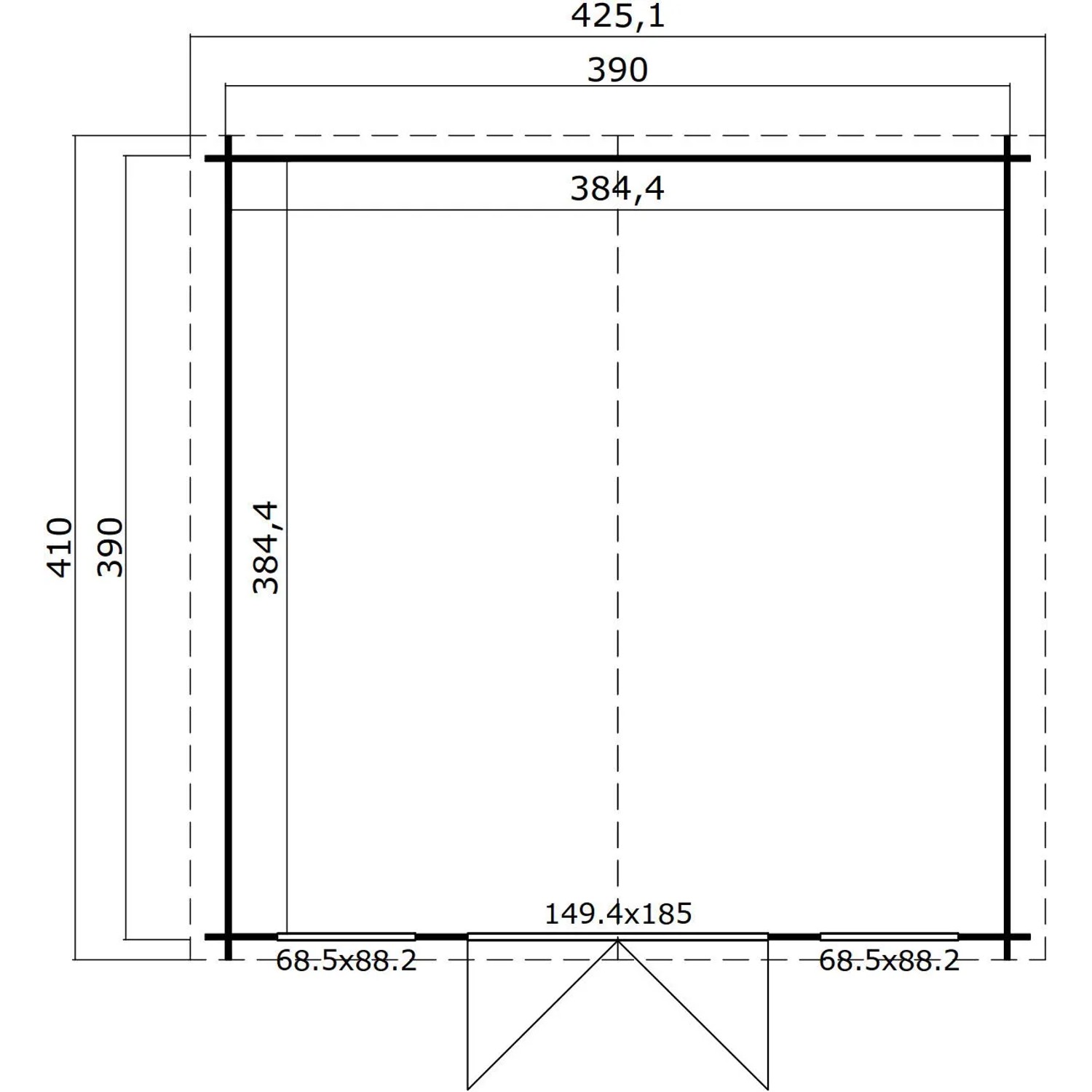 Grundrisszeichnung des Lasita Holz-Gartenhauses Wels 4 in Carbongrau, 425,1 x 410 cm.