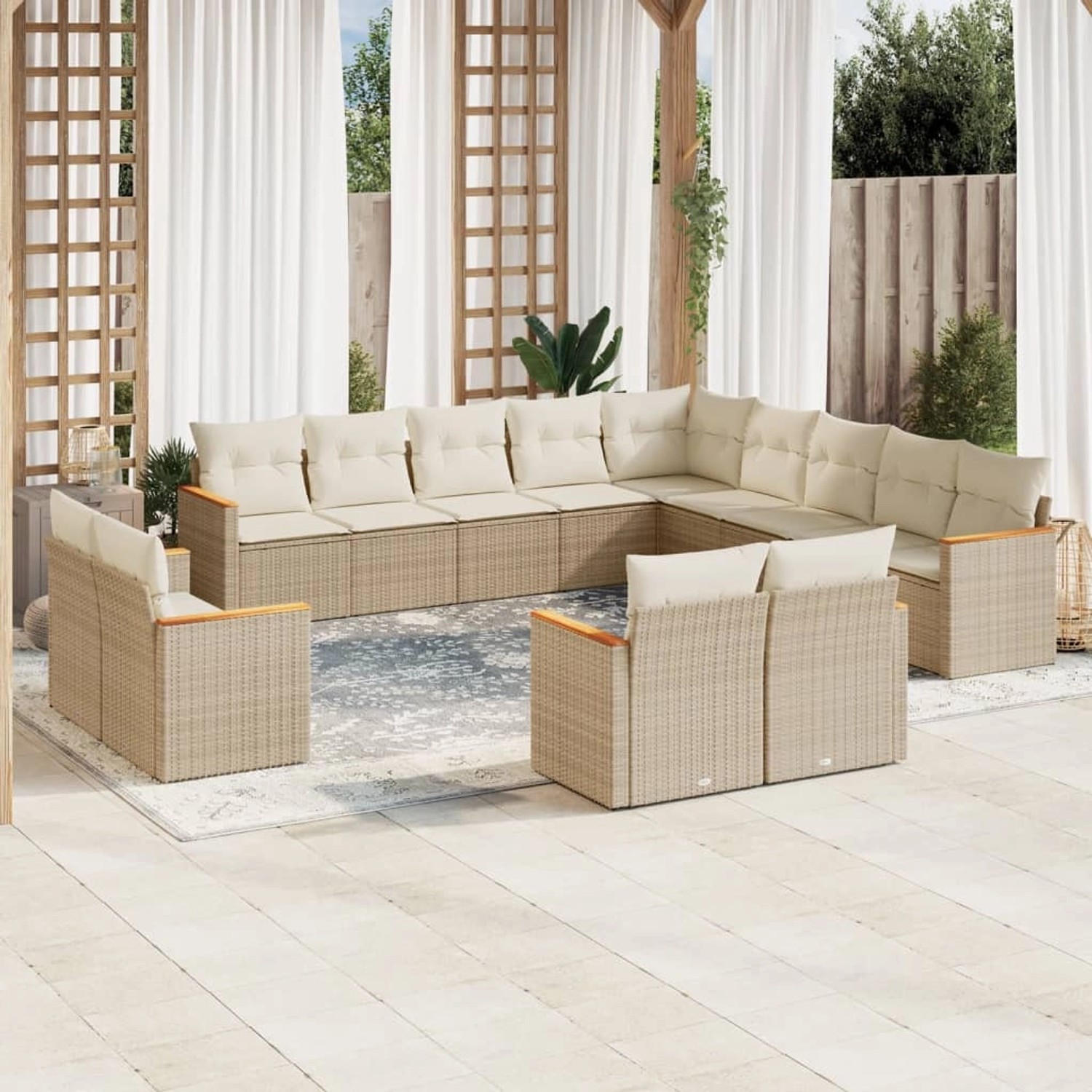 Beige 13-tlg. vidaXL Garten-Sofagarnitur aus Rattan mit Kissen für Terrasse oder Garten.