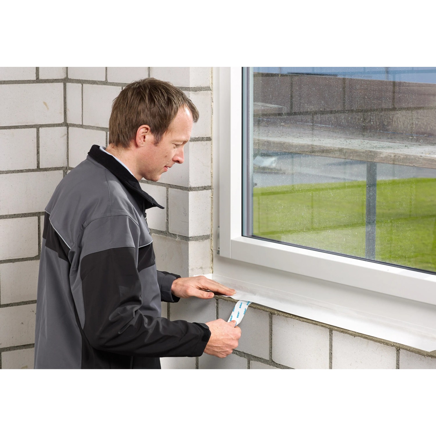 Anwendung von Siga Fentrim IS 20 Klebeband am Fensterrahmen zur Dämmung. Dämmstoffzubehör.