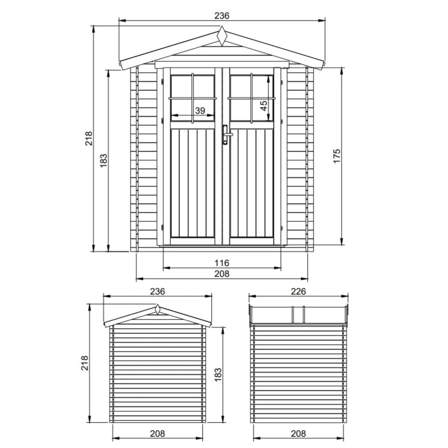 Technische Zeichnung: Timbela Holz-Gartenhaus M369F mit Maßen. Ideal zur Planung Ihres Gartenhauses.