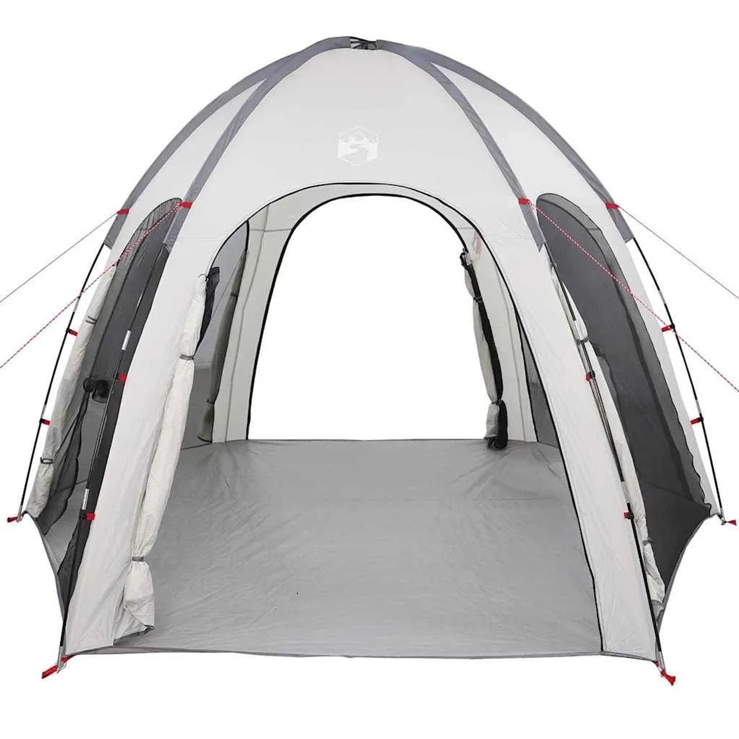 Graues vidaXL Poolzelt mit Kuppeldach aus Polyester, offenem Eingang und grauer Bodenplane. Vielseitiger Pavillon.