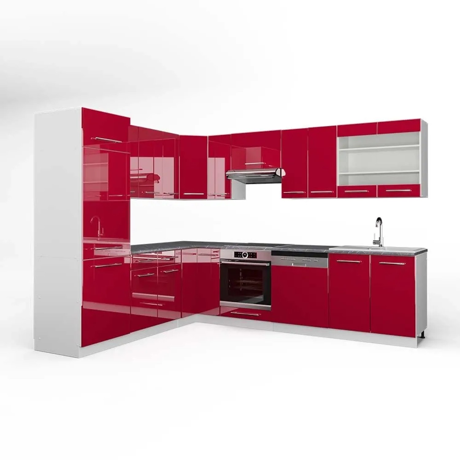 Vicco Eckküche Fame-Line Bordeaux Hochglanz/Weiß 287 x 82, AP Anthrazit