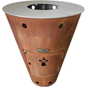 Feuerstelle Caesar 72 aus Stahl in Rost-Optik, Ø 72 cm, mit Grillplatte und Tür.