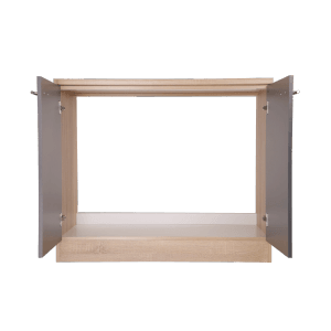 Respekta Spülenunterschrank Merle, 100 cm, Grau, mit geöffneten Türen und Arbeitsplatte.