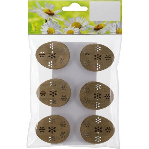 6 Deko-Klammern mit braunen Holz-Eiern und Blumenmuster für Ostern.