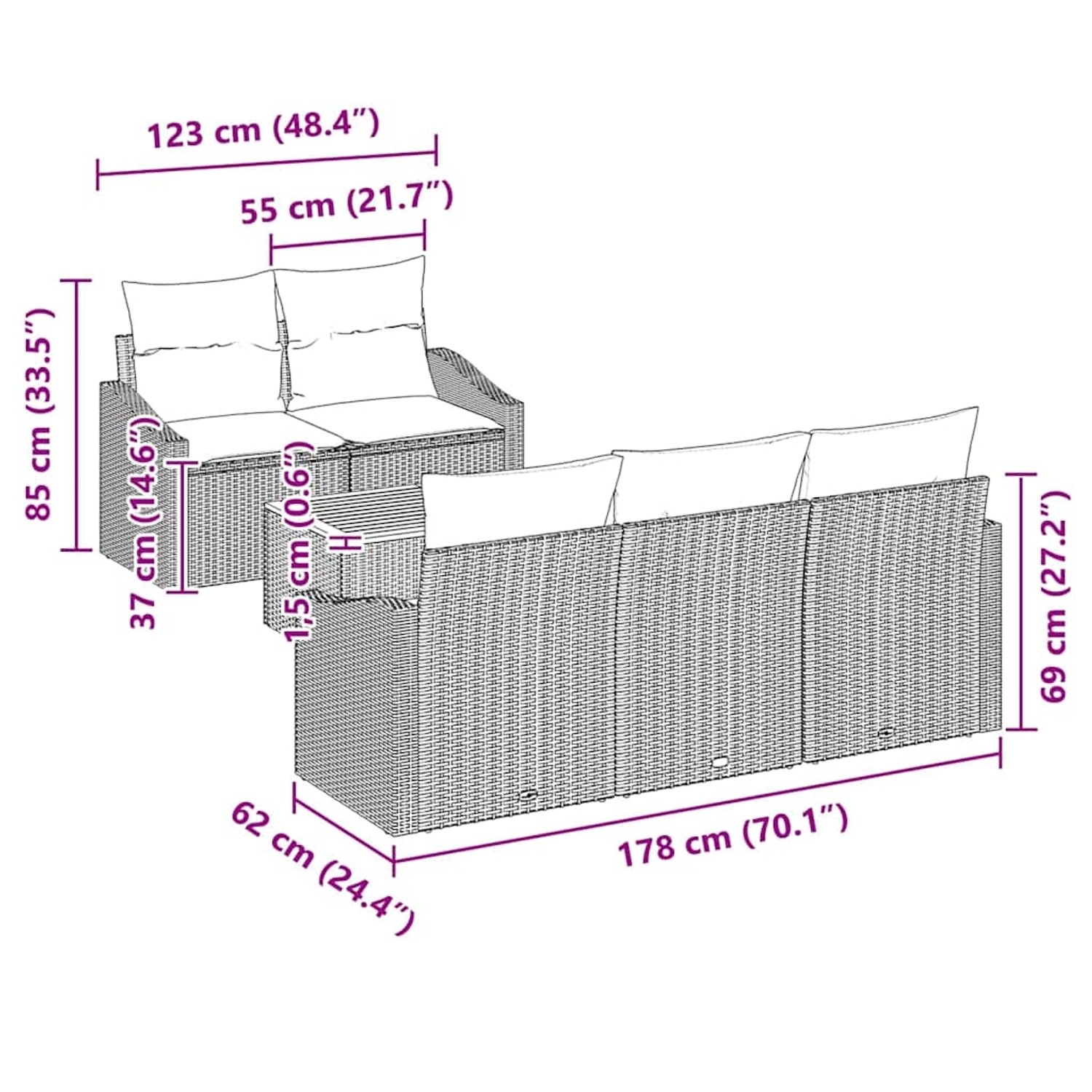 vidaXL Garten-Sofa-Set, 6-teilig, grau, Poly Rattan, mit Maßangaben.