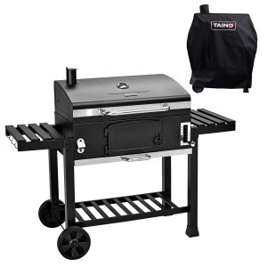 Taino Hero XXL Smoker Set mit Grillwagen, Holzkohlegrill und Abdeckhaube, schwarz.