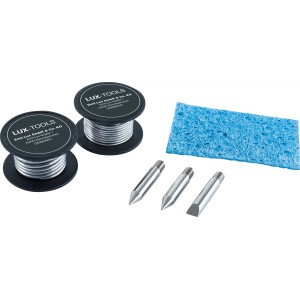 Zubehör für LUX-TOOLS Lötstation: Lötspitzen, Lötzinn, Schwamm, Ablageständer.