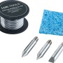 Zubehör für LUX-TOOLS Lötstation: Lötspitzen, Lötzinn, Schwamm, Ablageständer.