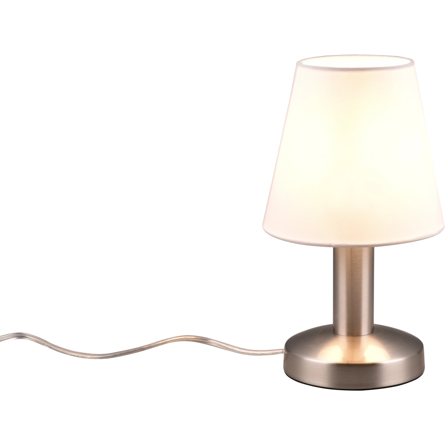 Nachttischlampe Mats II, Nickel matt mit weißem Stoffschirm, Ø 14 cm.