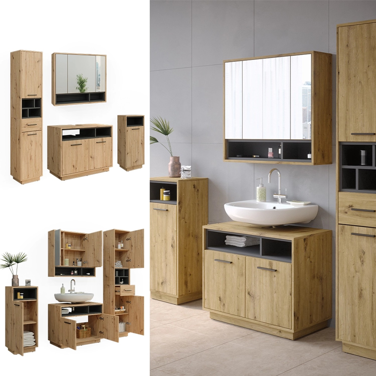 Vicco Badmöbel-Set Beatrice, 4-teilig, Eiche/Anthrazit: Spiegelschrank, Hoch-, Mittel- und Unterschrank.