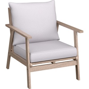 Gartensessel der Loungegruppe Woodsboro aus geöltem Akazienholz mit beigen Polstern.
