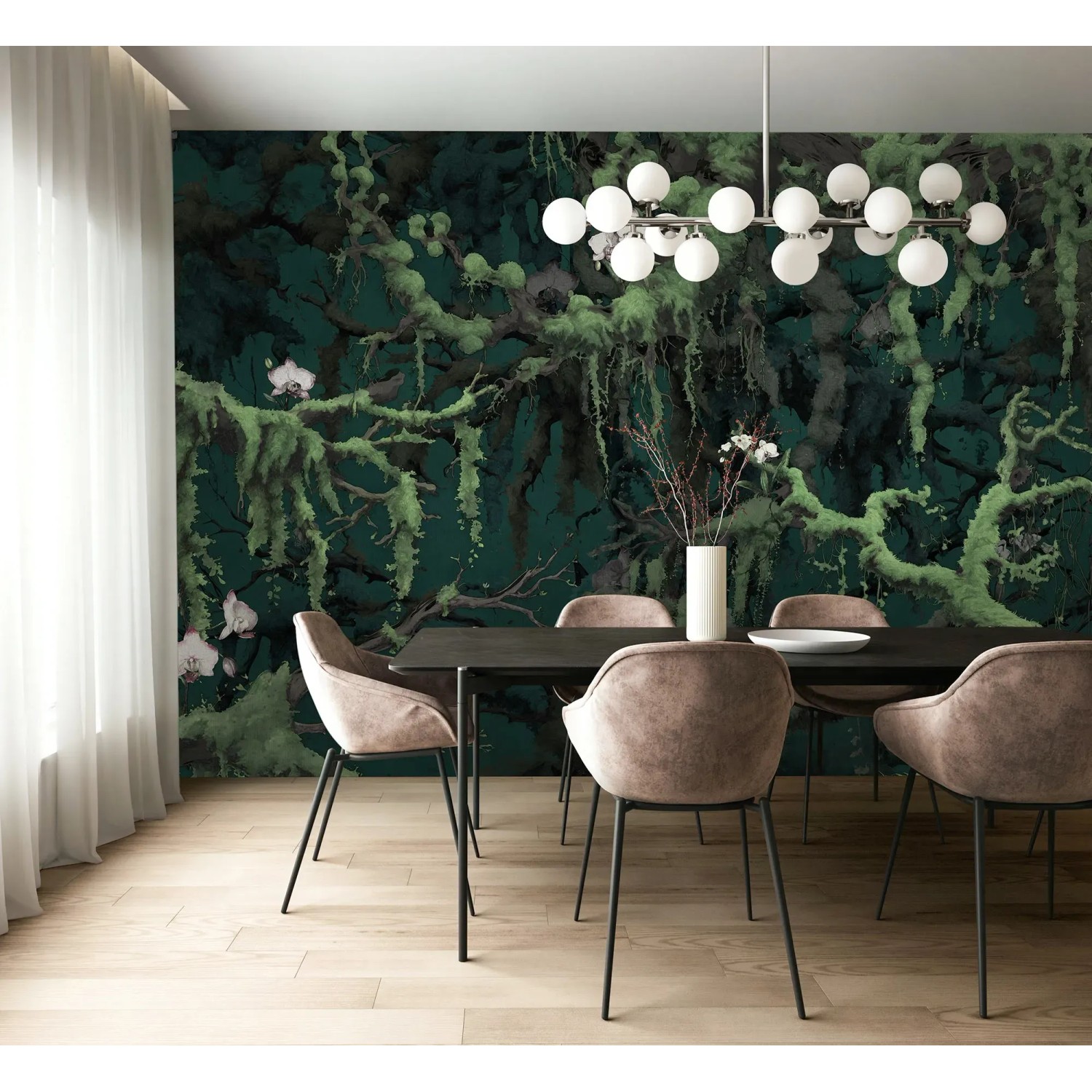 Komar Vliestapete Orch-Idee Grün (350x250cm) im Esszimmer. Fototapete mit Dschungel-Motiv.