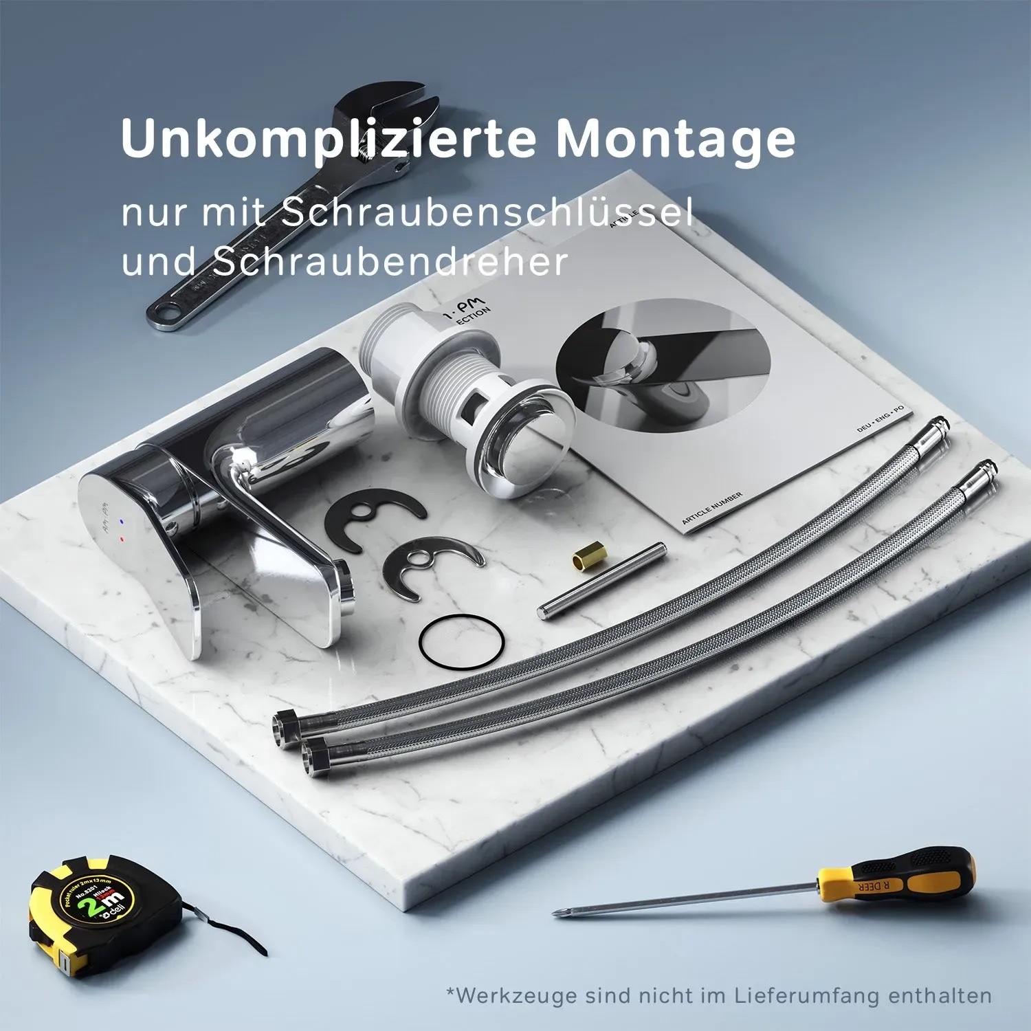 AM.PM Waschtischarmatur Chrom mit Zubehör für einfache Montage. Waschbeckenarmatur mit Klick-Ablauf.