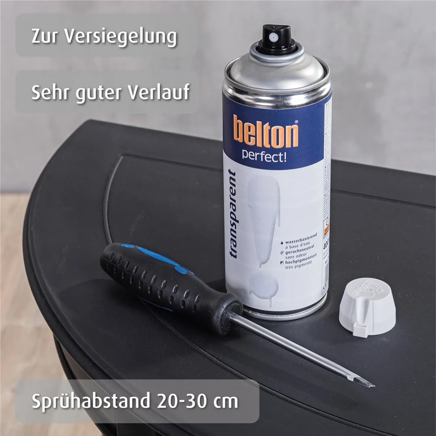 belton Klarlack Perfect Transparent seidenmatt 400ml Dose mit Schraubenzieher und Deckel.