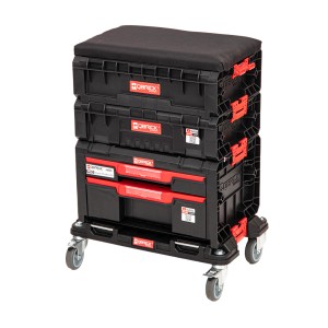 Qbrick Werkstattsitz PRO mit Schubladen und Ablage, schwarz, mit Rollen. Modular und robust.