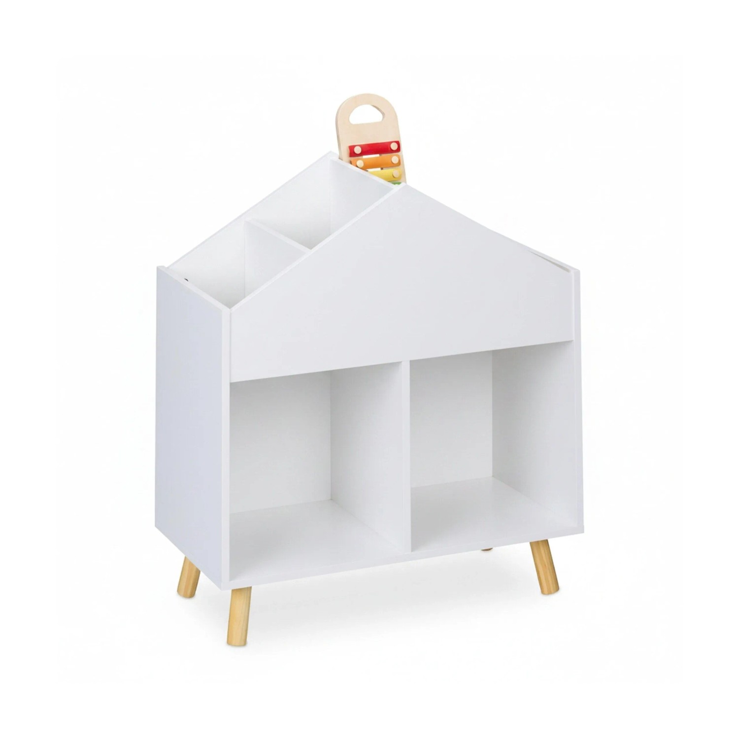 Relaxdays Kinderregal Haus Holzwerkstoff Kiefernholz Weiß Natur Kindgerecht Stabil 67 cm x 60 cm x 30 cm 9,3 kg