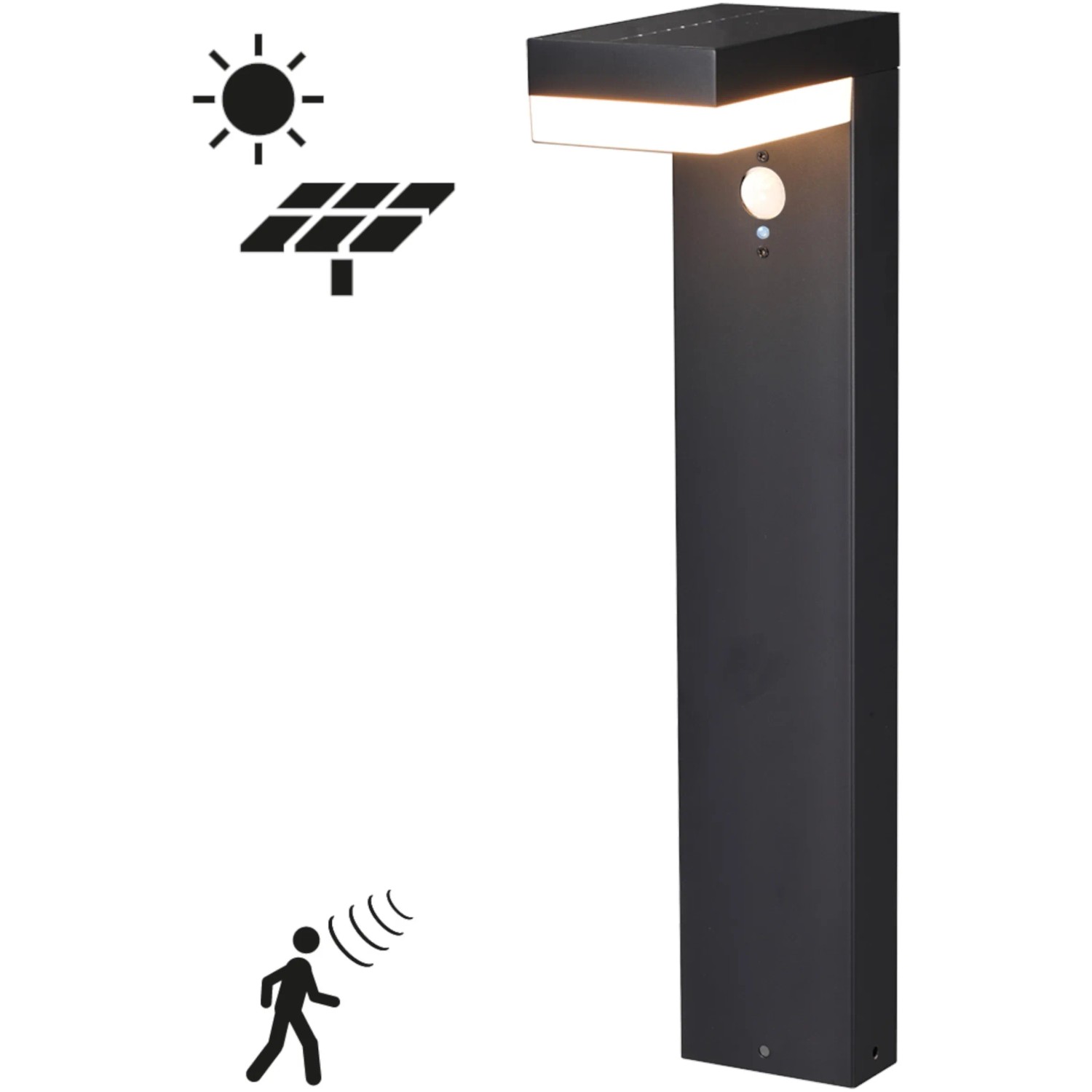 Schwarze Solar-Wegeleuchte Gšteborg mit Sensor, 600 lm, 2700 K, IP44. Für Garten und Weg.