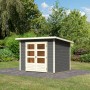 Terragraues Karibu Holz-Gartenhaus Sitten mit Pultdach und Doppeltür im Garten.