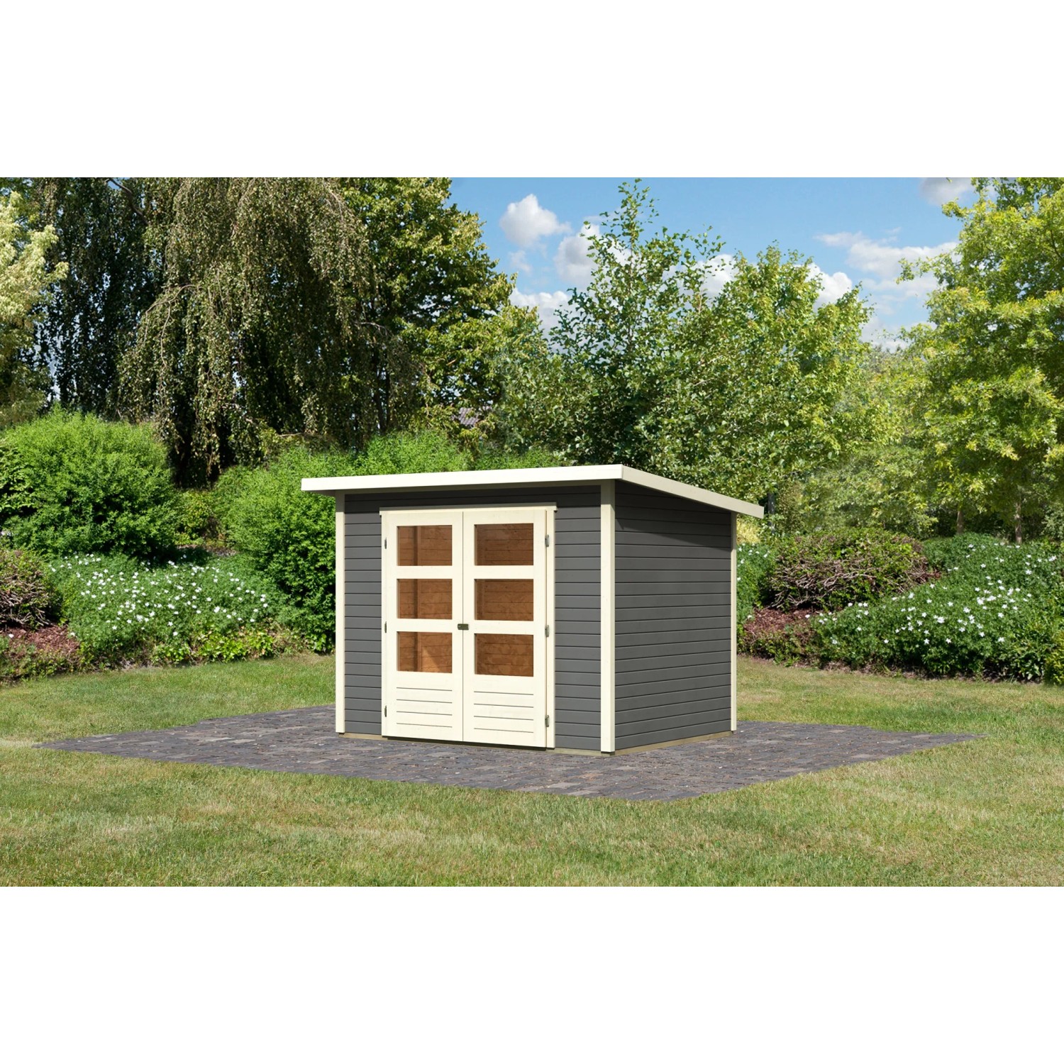 Terragraues Karibu Holz-Gartenhaus Sitten mit Pultdach und Doppeltür im Garten.